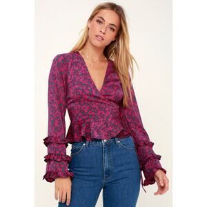The Fifth Label Size Small Archer Magenta Floral Print Long Sleeve Wrap Top